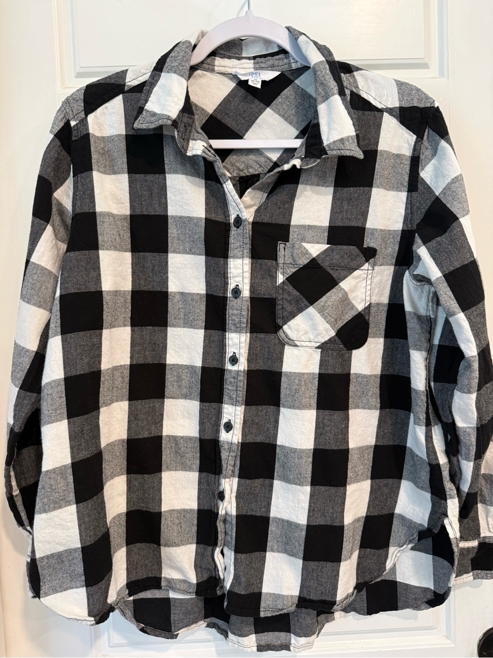 Time and Tru Buffalo Plaid Flannel Shirt Women’s M 8-10 Black White Button Up